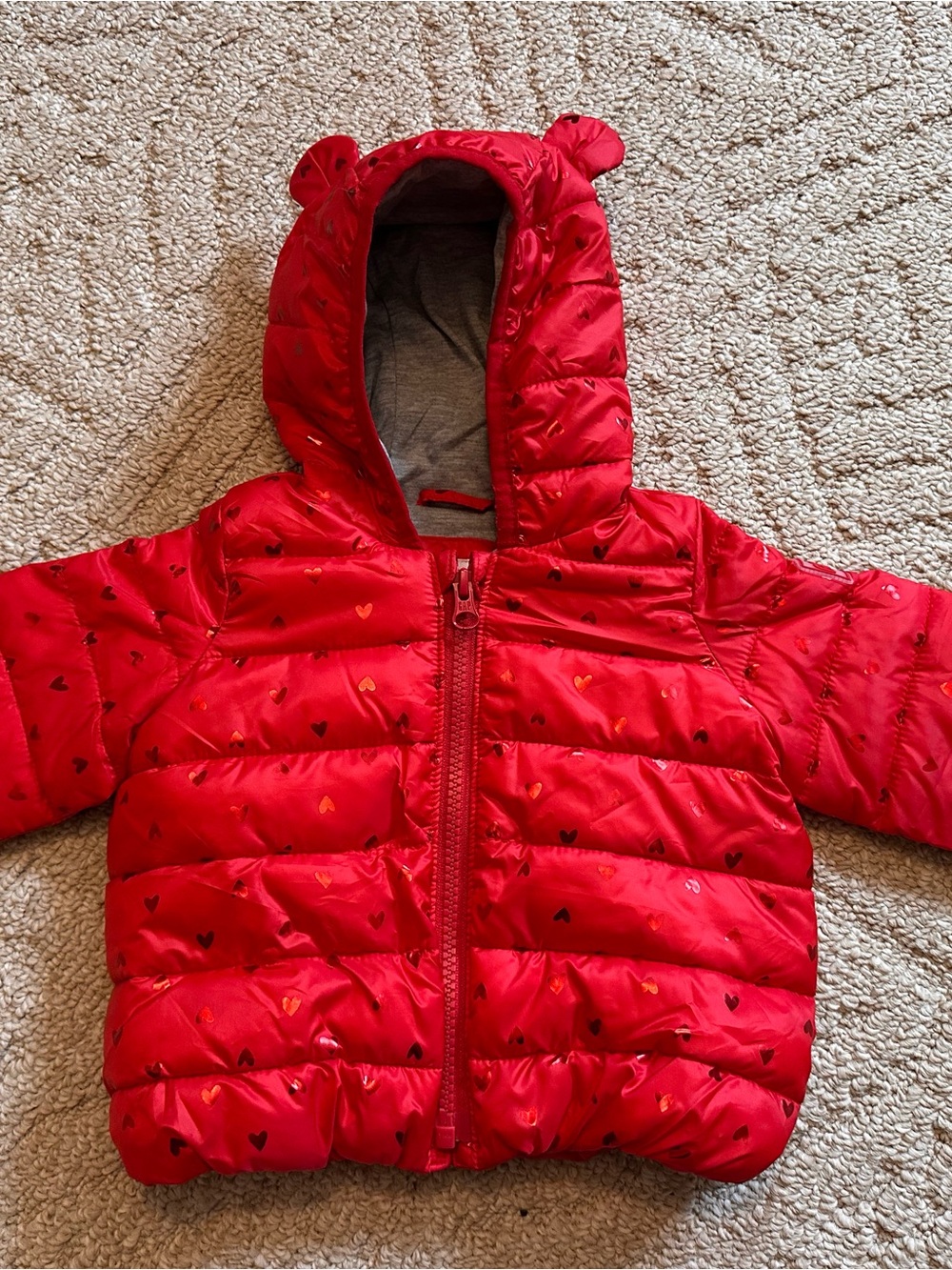 GAP Red Puffer Jacket with Heart Print and Hood
